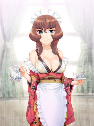 Rule 34 | 1girl, apron, blue eyes, breasts, brown hair, cleavage, drill hair, japanese clothes, large breasts, looking at viewer, maid, maid apron, maid headdress, original, smile, solo, tray, twin drills, twintails, ueyama michirou, wa maid