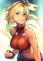 Rule 34 | 1girl, belt, blonde hair, blue eyes, blue mary, bracelet, breasts, fingerless gloves, gloves, jewelry, large breasts, midriff, necklace, snk, solo, the king of fighters