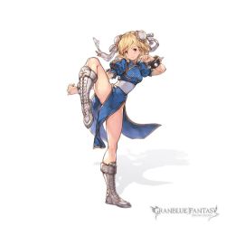 Rule 34 | 1girl, bad id, bad twitter id, bare legs, blonde hair, blue dress, boots, bracelet, brown eyes, capcom, china dress, chinese clothes, chun-li, chun-li (cosplay), copyright name, cosplay, cross-laced footwear, djeeta (granblue fantasy), double bun, dress, eyeshadow, fighting stance, flexible, full body, game cg, granblue fantasy, hair bun, high collar, jewelry, lace-up boots, leg up, legs, makeup, minaba hideo, no legwear, official art, pelvic curtain, puffy short sleeves, puffy sleeves, ribbon, sash, see-through, short hair, short sleeves, side slit, simple background, smile, solo, spiked bracelet, spikes, standing, standing on one leg, street fighter, transparent background, white background, white footwear, white ribbon