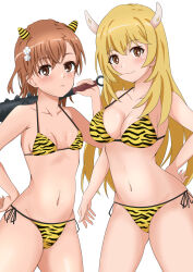 2girls alternate_costume bikini blonde_hair breasts brown_eyes brown_hair cleavage club club_(weapon) commentary_request fake_horns frown hair_ornament hairpin hand_on_own_hip highres horns kanabou large_breasts long_hair looking_at_viewer misaka_mikoto multiple_girls navel setsubun shokuhou_misaki short_hair side-tie_bikini_bottom simple_background small_breasts smile spiked_club swimsuit tabu_(tabu_01) toaru_kagaku_no_railgun toaru_majutsu_no_index weapon