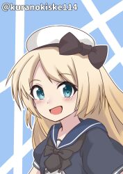 Rule 34 | 1girl, absurdres, blonde hair, blue background, blue eyes, blue sailor collar, dress, gloves, hat, highres, jervis (kancolle), kantai collection, kurano kisuke, long hair, one-hour drawing challenge, open mouth, sailor collar, sailor dress, sailor hat, short sleeves, smile, solo, twitter username, white gloves, white hat