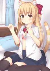 Rule 34 | 1girl, animal ears, bad id, bad pixiv id, bed, bell, black thighhighs, blonde hair, blue skirt, blush, bow, bow bra, bra, breasts, cat ears, cat tail, cleavage, collar, collarbone, collared shirt, commentary request, curtains, fingernails, hair between eyes, hair bow, highres, indoors, jingle bell, long hair, looking at viewer, navel, neck bell, no shoes, on bed, open clothes, open shirt, original, pillow, pink bra, pleated skirt, red bow, red ribbon, ribbon, school uniform, shirt, sitting, skirt, small breasts, smile, solo, striped tail, tail, tareme, thighhighs, unbuttoned, unbuttoned shirt, underwear, usagino suzu, wariza, white shirt, window, yellow eyes, zettai ryouiki