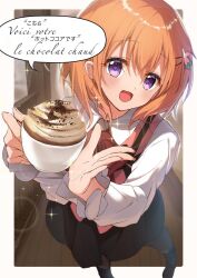 black_footwear black_pantyhose black_skirt coffee cup gochuumon_wa_usagi_desu_ka? hair_ornament hairclip highres holding holding_cup hoto_cocoa kootee-on orange_hair pantyhose pink_shirt purple_eyes shirt skirt sparkle speech_bubble waitress