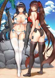 Rule 34 | 2girls, absurdly long hair, absurdres, alternate costume, ass, assault rifle, beach, bikini, black hair, black legwear, blue sky, blush, breasts, brown eyes, brown hair, bullpup, chiyo goya, cleavage, closed mouth, cloud, collarbone, competition swimsuit, day, flower, full body, girls&#039; frontline, gloves, groin, gun, hair between eyes, hair flower, hair ornament, hair ribbon, hairband, highres, holding, holding gun, holding weapon, large breasts, long hair, looking at viewer, looking back, multiple girls, navel, ocean, official alternate costume, one-piece swimsuit, open mouth, outdoors, qbz-95, qbz-97, ribbon, rifle, sand, side-tie bikini bottom, sidelocks, skindentation, sky, smile, stomach, swimsuit, thighhighs, twintails, type 95 (girls&#039; frontline), type 95 (summer cicada) (girls&#039; frontline), type 97 (girls&#039; frontline), very long hair, weapon, white bikini, white gloves, white hairband, white legwear, yellow eyes