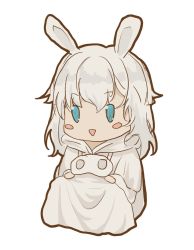 Rule 34 | 1girl, :d, animal ears, blue eyes, blush stickers, character request, chibi, dress, final fantasy, final fantasy xiv, highres, hood, hood down, long hair, open mouth, rabbit ears, saikou-iro aurora, simple background, smile, solo, triangle mouth, white background, white dress, white hair, white hood