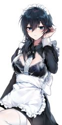 Rule 34 | 1girl, absurdres, apron, back bow, bara (03 bara ), black dress, black hair, blue eyes, blush, bow, breasts, commentary request, dress, frills, hair between eyes, hair over shoulder, hand in own hair, hand up, highres, long hair, long sleeves, looking at viewer, maid, maid apron, maid headdress, medium breasts, original, see-through, simple background, solo, sweat, thighhighs, upper body, white apron, white background, white bow, white headwear, white thighhighs, yokoyama ishimi