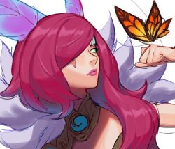 Rule 34 | 1girl, animal, blue hair, bug, butterfly, clenched hand, elderwood xayah, fur trim, hair ornament, hair over one eye, hand up, insect, league of legends, long hair, multicolored hair, red hair, simple background, solo, two-tone hair, white background, wosashimi, xayah, yellow eyes