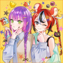 2girls animal_ear_fluff animal_ears bibi_(tokoyami_towa) black_hair black_nails blue_eyes braid braided_twintails brown_sweater_vest cheese commentary dice_hair_ornament earclip earrings food fyuu-ka green_eyes hair_lift hair_ornament hairclip hakos_baelz highres holding_another&#039;s_hair hololive hololive_english jewelry long_hair looking_at_viewer mouse_ears mouse_girl mr._squeaks_(hakos_baelz) multicolored_hair multiple_girls nail_polish one_eye_closed orange_nails parted_lips pink_hair purple_hair red_hair safety_pin star_(symbol) star_hair_ornament sweater_vest swiss_cheese symbol-only_commentary tokoyami_towa twin_braids twintails upper_body v_over_mouth virtual_youtuber white_hair yellow_background