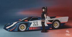 Rule 34 | 1girl, absurdres, artist name, black hair, black shirt, black thighhighs, blue eyes, bokuya, boots, brown footwear, car, commentary request, commission, gloves, grey skirt, highres, knee boots, le mans prototype, long hair, motor vehicle, plaid, plaid skirt, ponytail, race vehicle, racecar, shirt, short sleeves, skeb commission, skirt, solo, sports car, thank you, thighhighs, vehicle focus, vehicle request, vrchat, watermark, white gloves, wide shot