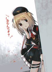 Rule 34 | 1girl, :o, aged down, aiguillette, ambiguous red liquid, bad hands, black bow, black coat, black headwear, black skirt, blonde hair, blush, bow, buttons, chromatic aberration, coat, collared shirt, commentary request, cowboy shot, double-breasted, artistic error, girls&#039; frontline, gold trim, gun, hair bow, hand up, hat, highres, kky, long sleeves, military, military hat, military uniform, mp40, mp40 (girls&#039; frontline), mp40 (thumbelina) (girls&#039; frontline), necktie, official alternate costume, peeking out, red eyes, red neckwear, shirt, short hair, skirt, submachine gun, thigh strap, translated, two side up, uniform, wall, weapon, white shirt