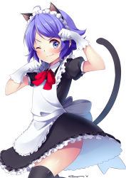 Rule 34 | 1boy, 1girl, absurdres, ahoge, animal ear fluff, animal ears, apron, black thighhighs, blue eyes, blue hair, bow, bowtie, cat ears, cat girl, cat tail, chiiririn, closed mouth, collared dress, dated, dress, frills, gloves, highres, leg up, looking at viewer, maid, maid apron, maid headdress, matching hair/eyes, one eye closed, original, red bow, red bowtie, short hair, short sleeves, signature, simple background, smile, tail, thighhighs, v-shaped eyebrows, white background, white bow, white gloves, white thighhighs, wink, zettai ryouiki