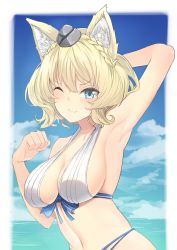 Rule 34 | 1girl, animal ears, arm up, armpits, bikini, blonde hair, blue eyes, blue sky, braid, breasts, cat ears, cloud, colorado (kancolle), commentary request, day, garrison cap, grey hat, hat, horizon, kantai collection, kemonomimi mode, large breasts, looking at viewer, navel, ocean, one eye closed, outdoors, short hair, side braids, sky, smile, solo, striped bikini, striped clothes, swimsuit, upper body, white bikini, yuzuruka (bougainvillea)