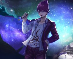 Rule 34 | 1boy, :d, artist name, beard, collarbone, commentary request, cowboy shot, danganronpa (series), danganronpa v3: killing harmony, facial hair, goatee, hair between eyes, hand in pocket, holding, holding smoking pipe, jacket, long sleeves, looking at viewer, male focus, momota kaito, night, open clothes, open jacket, open mouth, outdoors, pants, pink eyes, pink hair, pink pants, print shirt, qosic, shirt, sky, smile, smoking pipe, solo, space print, spiked hair, star (sky), starry sky, starry sky print, teeth, upper teeth only