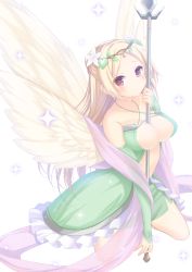 Rule 34 | 1girl, 3:, absurdres, between breasts, blonde hair, blush, breasts, brown eyes, cleavage, closed mouth, criss-cross halter, dress, feathered wings, flower, frilled dress, frills, frown, green dress, hair flower, hair ornament, half updo, halterneck, halterneck, highres, holding, holding polearm, holding spear, holding weapon, kneeling, large breasts, leanbox, long hair, looking at viewer, original, polearm, revealing clothes, sasakura momiji, simple background, solo, sparkle, spear, tiara, very long hair, weapon, white background, wings