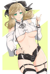 Rule 34 | 1girl, ahoge, bare shoulders, black bow, black garter straps, black shorts, black thighhighs, blush, bow, breasts, crop top, curly hair, detached sleeves, garter straps, gluteal fold, green eyes, groin, hair bow, hand on own hip, haruka (senran kagura), kinako (mzknk0), large breasts, looking at viewer, medium hair, midriff, mzknk0313, navel, revealing clothes, ribbon, senran kagura, senran kagura new link, senran kagura shoujo-tachi no shin&#039;ei, shiny skin, shorts, skirt, smile, solo, standing, stomach, suspender skirt, suspenders, suspenders pull, thigh strap, thighhighs, two-tone background, underboob, white background, white thighhighs, yellow background