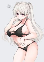 Rule 34 | 1girl, absurdres, bikini, black bikini, blush, breasts, cleavage, closed mouth, commentary, conte di cavour (kancolle), english commentary, grey background, hair between eyes, hand in own hair, highres, jiangyou dang, kantai collection, large breasts, long hair, purple eyes, simple background, solo, squiggle, swimsuit, two side up