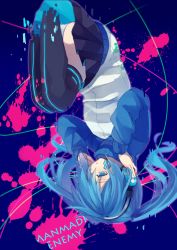 Rule 34 | 1girl, bad id, bad pixiv id, black thighhighs, blue background, blue eyes, blue hair, cable, ene (kagerou project), full body, hair over one eye, headphones, jinzou enemy (vocaloid), kagerou project, long hair, miniskirt, panties, pantyshot, skirt, solo, song name, thighhighs, twintails, underwear, upside-down, vocaloid, yumegi (bitter orange215)