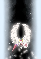 Rule 34 | 1boy, angel wings, armor, feathers, galacta knight, gradient background, highres, kirby (series), kirby super star ultra, lance, male focus, mask, nintendo, polearm, red eyes, shield, shiva (artist), solo, weapon, wings