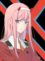 Rule 34 | 1girl, 2019, absurdres, darling in the franxx, dated, green eyes, hairband, highres, horns, jacket, kuooooaiq, long hair, looking at viewer, military jacket, necktie, orange necktie, pink hair, portrait, red jacket, short necktie, solo, white hairband, zero two (darling in the franxx)