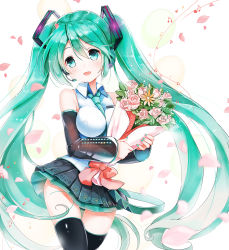 Rule 34 | 1girl, beamed quavers, between breasts, bouquet, breasts, detached sleeves, flower, green eyes, green hair, hatsune miku, headset, highres, long hair, matching hair/eyes, musical note, nail polish, necktie, necktie between breasts, open mouth, petals, quaver, sibyl, skirt, solo, thigh gap, thighhighs, twintails, very long hair, vocaloid