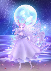Rule 34 | 1girl, arm behind back, barefoot, bug, butterfly, dress, fairy, fairy wings, fantasy, flower-shaped hair, frilled sleeves, frills, full body, full moon, galaxy, glowing butterfly, horns, insect, long hair, looking at viewer, moon, ocean, original, sky, solo, sparkle, standing, star (sky), starry sky, user mxsj5733, wavy hair, white dress, wings