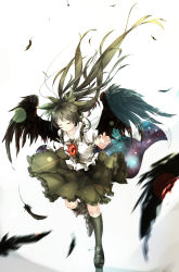 Rule 34 | 1girl, black hair, black wings, blurry, closed eyes, depth of field, feathered wings, feathers, gorilla (bun0615), hair ornament, highres, light particles, long hair, reiuji utsuho, simple background, solo, touhou, very long hair, white background, wind, wings
