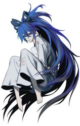 Rule 34 | 1girl, absurdly long hair, barefoot, blue bow, blue eyes, blue hair, bow, closed mouth, crossed arms, debt, expressionless, fetal position, hair between eyes, hair bow, long hair, long sleeves, looking at viewer, namekuzi, simple background, solo, touhou, very long hair, white background, yorigami shion