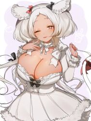 Rule 34 | 1girl, ;3, black bow, bow, breasts, cat tail, choker, cleavage, dark-skinned female, dark skin, dress, fang, frilled choker, frills, fur-trimmed dress, fur trim, hair bow, hassan (sink916), highres, indie virtual youtuber, large breasts, long hair, long sleeves, looking at viewer, mole, mole on breast, nekobuki kemuri, one eye closed, parted bangs, red eyes, simple background, skin fang, smile, solo, symbol in eye, tail, tail bow, tail ornament, two side up, very long hair, virtual youtuber, white background, white bow, white dress, white hair