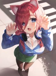 Rule 34 | 1girl, :o, animal ears, arms up, blue cardigan, blue eyes, blush, breasts, brown pantyhose, cardigan, cat ears, cat girl, claw pose, cleavage, collared shirt, day, fang, foreshortening, from above, go-toubun no hanayome, green skirt, hair over one eye, headphones, headphones around neck, hinaki (hinaki 0102), kemonomimi mode, large breasts, long hair, long sleeves, looking at viewer, looking up, medium breasts, miniskirt, nakano miku, no shoes, open mouth, pantyhose, pleated skirt, red hair, school uniform, shirt, skin fang, skirt, solo, sunlight, white shirt