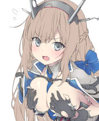 Rule 34 | 1girl, between breasts, black gloves, blonde hair, blue bow, blue eyes, blue necktie, bow, breasts, capelet, covering privates, covering breasts, dress, embarrassed, gloves, grey capelet, grey dress, headgear, kantai collection, large breasts, long hair, looking at viewer, low twintails, maryland (kancolle), necktie, necktie between breasts, open mouth, pleated dress, sakana (flame sakana), shirt, simple background, sleeveless, solo, torn clothes, twintails, upper body, white background, white shirt