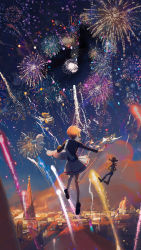 Rule 34 | 1girl, antenna hair, bag, black footwear, black jacket, brown hair, building, cardcaptor sakura, chinese commentary, church, cinnamoroll, city, cloud, commentary request, creature, crossover, dome, facing away, fireworks, floating, from behind, highres, holding, holding wand, jacket, keikoku (kujira), kero (cardcaptor sakura), kinomoto sakura, long sleeves, magical girl, mary janes, night, night sky, objectification, orange clouds, outdoors, outstretched arm, sanrio, scenery, school uniform, sheriff woody, shoes, short hair, shoulder bag, skirt, sky, socks, solo, toy story, wand, white skirt, white socks, wide shot, wings, yume no tsue