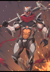 Rule 34 | 1boy, abs, abs cutout, algernon (housamo), armor, bara, black border, border, broom, colored sclera, commentary request, crotch plate, explosion, feet out of frame, helmet, highres, holding, holding broom, large pectorals, letterboxed, male focus, muscular, muscular male, navel, pectorals, red eyes, red scarf, scarf, solo, stomach, tengo (maotengo), tokyo houkago summoners, yellow sclera