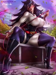 Rule 34 | 1girl, absurdres, black hair, blue eyes, boku no hero academia, boots, breasts, dominatrix, female focus, formal, high heels, highres, large breasts, lipstick, long hair, looking away, makeup, mask, mature female, midnight (boku no hero academia), smile, solo, suit, teasing, thick thighs, thighs, uniform, whip