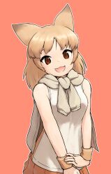 Rule 34 | 1girl, :3, :d, animal ears, bare arms, bare shoulders, blonde hair, brown eyes, commentary request, cowboy shot, extra ears, jacket around neck, kemono friends, long hair, looking at viewer, open mouth, orange skirt, outline, pale fox (kemono friends), red background, rumenia (ao2is), shirt, simple background, skirt, sleeveless, sleeveless shirt, smile, solo, white outline, white shirt, wristband
