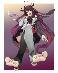 Rule 34 | 1girl, asymmetrical legwear, barefoot, blue eyes, breasts, crossed legs, detached sleeves, dress, eiji (eiji), feet, foot focus, framed, frilled dress, frills, gradient background, heterochromia, highres, hololive, hololive english, horns, irys (hololive), looking at viewer, medium breasts, nail polish, open mouth, purple eyes, purple hair, sleeveless, sleeveless dress, solo, thighhighs, uneven legwear, virtual youtuber, wings