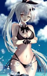 Rule 34 | 1girl, :d, bad id, bad pixiv id, bare shoulders, bikini, black bikini, black ribbon, blue sky, blurry, blurry foreground, blush, bow, breasts, brown eyes, cleavage, cloud, collarbone, commentary request, cowboy shot, crossed arms, day, five-seven (cruise queen) (girls&#039; frontline), five-seven (girls&#039; frontline), girls&#039; frontline, green night, groin, hair ornament, hair ribbon, highres, large breasts, leg ribbon, long hair, looking at viewer, navel, official alternate costume, one eye closed, open mouth, outdoors, ponytail, ribbon, sidelocks, silver hair, sky, smile, solo, splashing, stomach, swimsuit, thigh ribbon, thighs, very long hair, water drop