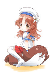 Rule 34 | 1girl, absurdres, blue sailor collar, bokukawauso, brown eyes, brown hair, commentary request, flower, from behind, gloves, hair flower, hair ornament, hat, highres, kantai collection, long hair, looking at viewer, one-hour drawing challenge, one side up, otter, pleated skirt, puffy short sleeves, puffy sleeves, red skirt, sailor collar, sailor hat, sailor shirt, shirt, short sleeves, simple background, sitting, skirt, taisinkoku, thighhighs, wavy hair, white background, white gloves, white shirt, white thighhighs, yashiro (kancolle)