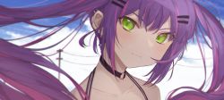 Rule 34 | 1girl, absurdres, bare shoulders, blush, choker, cloud, fang, fang out, floating hair, green eyes, hair ornament, hairclip, halterneck, highres, hololive, long hair, looking at viewer, multiple piercings, outdoors, purple hair, takasumikei, tokoyami towa, twintails, virtual youtuber, wind