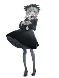 Rule 34 | 1girl, am isuel, black dress, blue eyes, clothing cutout, dress, full body, grey hair, grey pantyhose, high heels, highres, layered dress, looking at viewer, navel, navel cutout, open mouth, own hands together, pantyhose, rance (series), rance 10, simple background, smile, solo, white background, yononaka