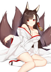 Rule 34 | 1girl, absurdres, akagi (azur lane), akagi (deep crimson poppy) (azur lane), animal ears, azur lane, bad id, bad pixiv id, bare shoulders, breasts, brown hair, catnnn, cleavage, commentary request, fox ears, fox tail, highres, japanese clothes, large breasts, legs, long hair, looking at viewer, multiple tails, official alternate costume, red eyes, simple background, sitting, solo, tabi, tail, white background