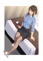 Rule 34 | 1girl, bed, blue shirt, blush, brown eyes, brown hair, commentary request, cup, douki-chan (douki-chan), dress shirt, ganbare douki-chan, high-waist skirt, id card, indoors, long sleeves, looking at viewer, office lady, on bed, open mouth, pantyhose, pencil skirt, second-party source, shirt, short ponytail, sidelocks, sitting, skirt, slippers, solo, yuuji (and)