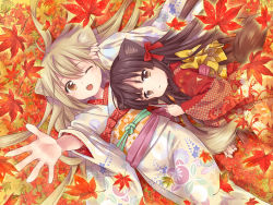 Rule 34 | 2girls, :o, ;o, ahoge, amano sakuya, animal ears, autumn leaves, blonde hair, blush, brown eyes, brown hair, floral print, fox ears, fox tail, hair ribbon, highres, japanese clothes, kimono, konohana kitan, leaf, long hair, long sleeves, looking at viewer, lying, maple leaf, multiple girls, obi, official art, on back, on ground, on side, one eye closed, open mouth, outstretched arm, parted lips, pinching sleeves, reaching, reaching towards viewer, red ribbon, ribbon, sakura (konohana kitan), sash, tail, wide sleeves, yuri, yuzu (konohana kitan)