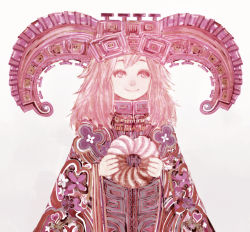 Rule 34 | 1girl, cloak, floral print, hat, headpiece, holding, looking to the side, matajirou (matagiro), original, pale skin, pink eyes, pink hair, pink theme, simple background, smile, solo, standing, white background, wide sleeves