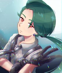 Rule 34 | 1girl, adjusting clothes, adjusting gloves, androgynous, aqua hair, black gloves, black necktie, bright pupils, closed mouth, collared shirt, creatures (company), earrings, eyes visible through hair, flat chest, frown, game freak, gloves, grey shirt, highres, jewelry, long hair, naminori (pixiv39611187), necktie, nintendo, pokemon, pokemon sv, ponytail, red eyes, reverse trap, rika (pokemon), shirt, solo, suspenders, upper body, white pupils