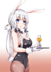 Rule 34 | 1girl, absurdres, animal ears, azur lane, bare shoulders, black bow, black bowtie, black leotard, blue eyes, blush, bow, bowtie, breasts, brown pantyhose, cleavage, cowboy shot, cup, detached collar, drinking glass, fake animal ears, gloves, gradient background, highres, illustrious (azur lane), leotard, long hair, looking at viewer, low twintails, medium breasts, mole, mole under eye, pantyhose, playboy bunny, rabbit ears, rabbit tail, red background, silver hair, solo, standing, strapless, strapless leotard, tail, tray, twintails, watchdog rol (y1104280730), white background, white gloves, wine glass, wrist cuffs