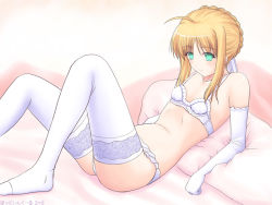 Rule 34 | 00s, 1girl, artoria pendragon (all), artoria pendragon (fate), blonde hair, bra, breasts, elbow gloves, fate/stay night, fate (series), flat chest, gloves, hotincool, lingerie, panties, saber (fate), small breasts, solo, thighhighs, underwear, underwear only, white bra, white gloves, white panties, white thighhighs