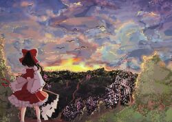 Rule 34 | 1girl, absurdres, animal, bare shoulders, bird, black hair, bow, cloud, cloudy sky, detached sleeves, frilled skirt, frills, from behind, gohei, hair bow, hakurei reimu, highres, holding, japanese clothes, mesuosushi, nontraditional miko, red bow, red skirt, ribbon-trimmed sleeves, ribbon trim, scenery, short hair, sidelocks, simple bird, skirt, sky, solo, touhou, tree, white sleeves, wide sleeves