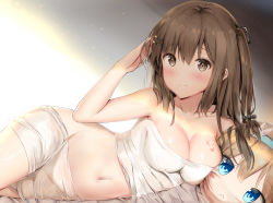 Rule 34 | 1girl, bachibachi (tisen), bare arms, bare shoulders, bed sheet, blush, bodypaint, breasts, brown eyes, brown hair, character name, character pillow, cleavage, collarbone, girls&#039; frontline, groin, hair ornament, hairclip, hand in own hair, highres, k2 (girls&#039; frontline), light particles, long hair, looking at viewer, lying, medium breasts, naked sheet, navel, hugging object, on side, pillow, pillow hug, shiny skin, sidelocks, smile, solo, stomach, suomi (girls&#039; frontline), thighs