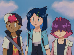 1boy 2girls baseball_cap blue_hair collar creatures_(company) dot_(pokemon) eggtempest game_freak green_eyes hair_ornament hair_over_eyes hairclip hat jacket liko_(pokemon) multiple_girls nintendo open_mouth pink_hair pokemon pokemon_(anime) pokemon_(classic_anime) pokemon_horizons purple_hair red_eyes roy_(pokemon) smile