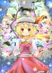 Rule 34 | 1girl, alternate wings, bell, blonde hair, bunchou (bunchou3103), female focus, fingernails, flandre scarlet, gift, glowing, hat, highres, jingle bell, light, long fingernails, looking at viewer, nail polish, red eyes, red nails, scarf, short hair, slit pupils, snowflakes, solo, sparkle, touhou, wings
